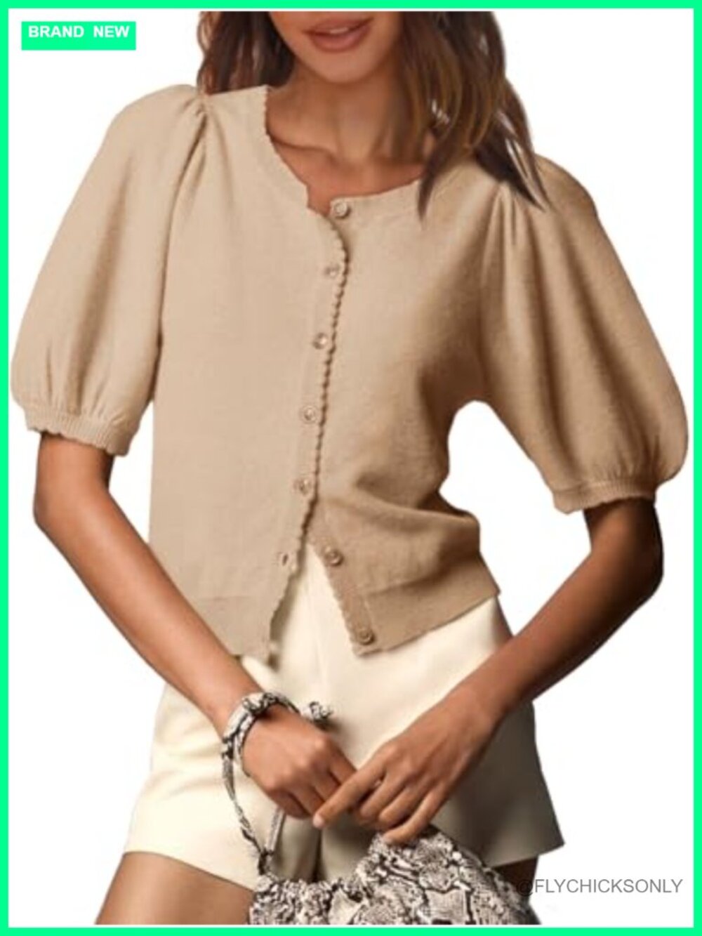 Lightweight Knit Cardigan Puff Short Sleeve Button Front